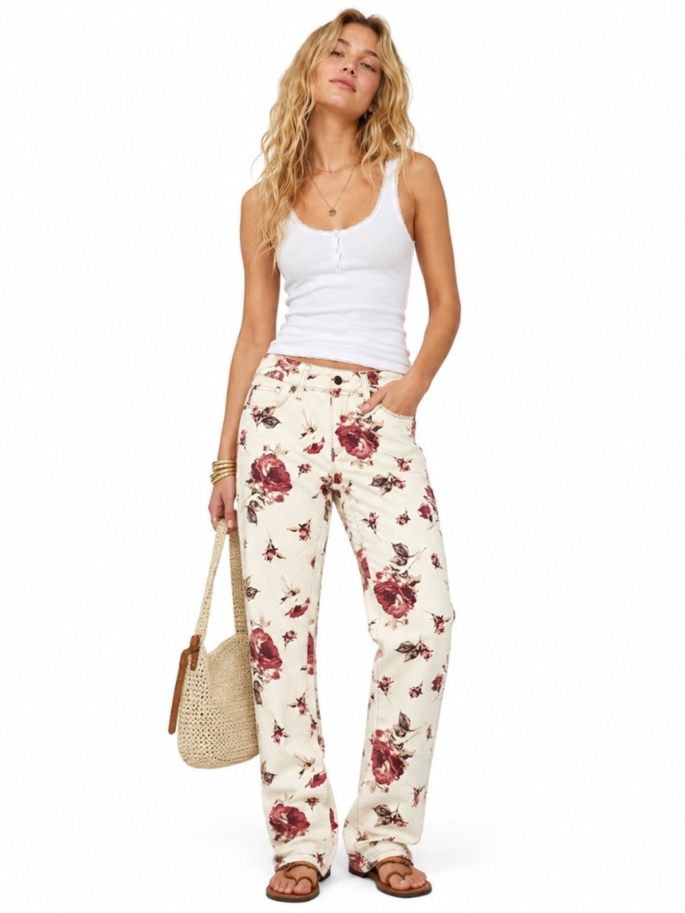 Free People Floral Cream and Red Skinny Jeans